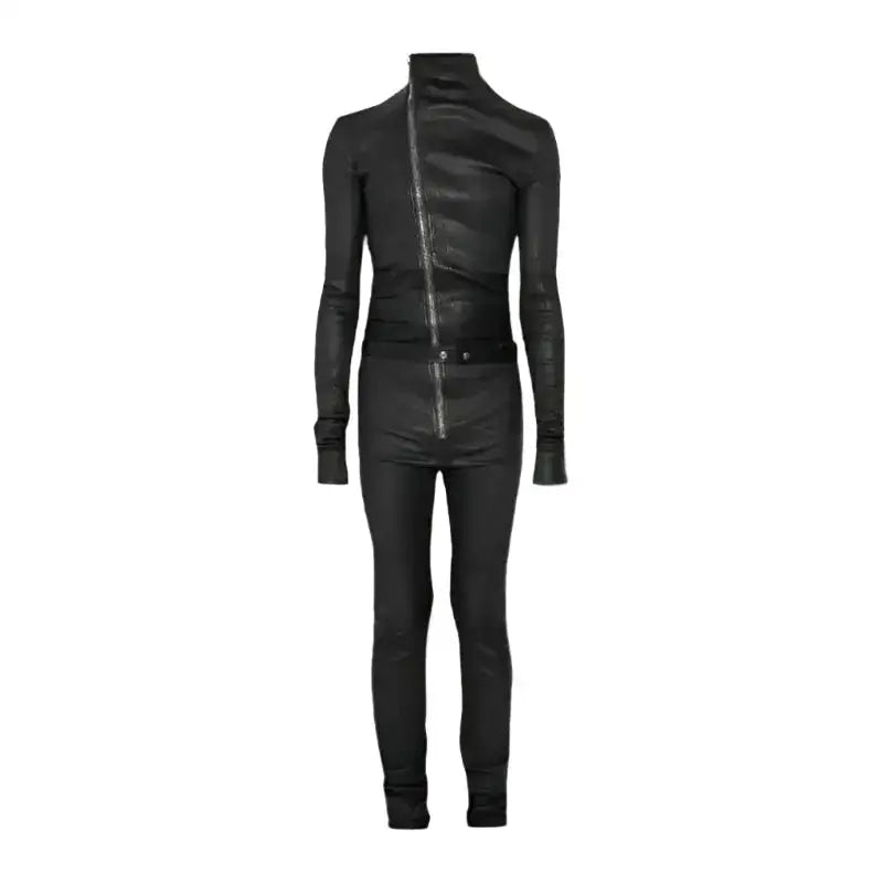 Men’s black slim fit leather jumpsuit with front zip closure and sleek full body silhouette