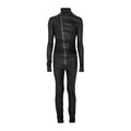 Men’s black slim fit leather jumpsuit with front zip closure and sleek full body silhouette