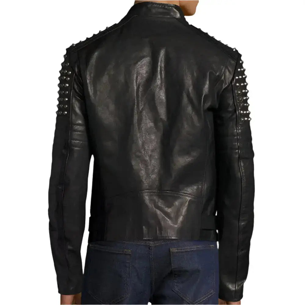 Men’s bold black leather fashion jacket with studded detailing and rock style