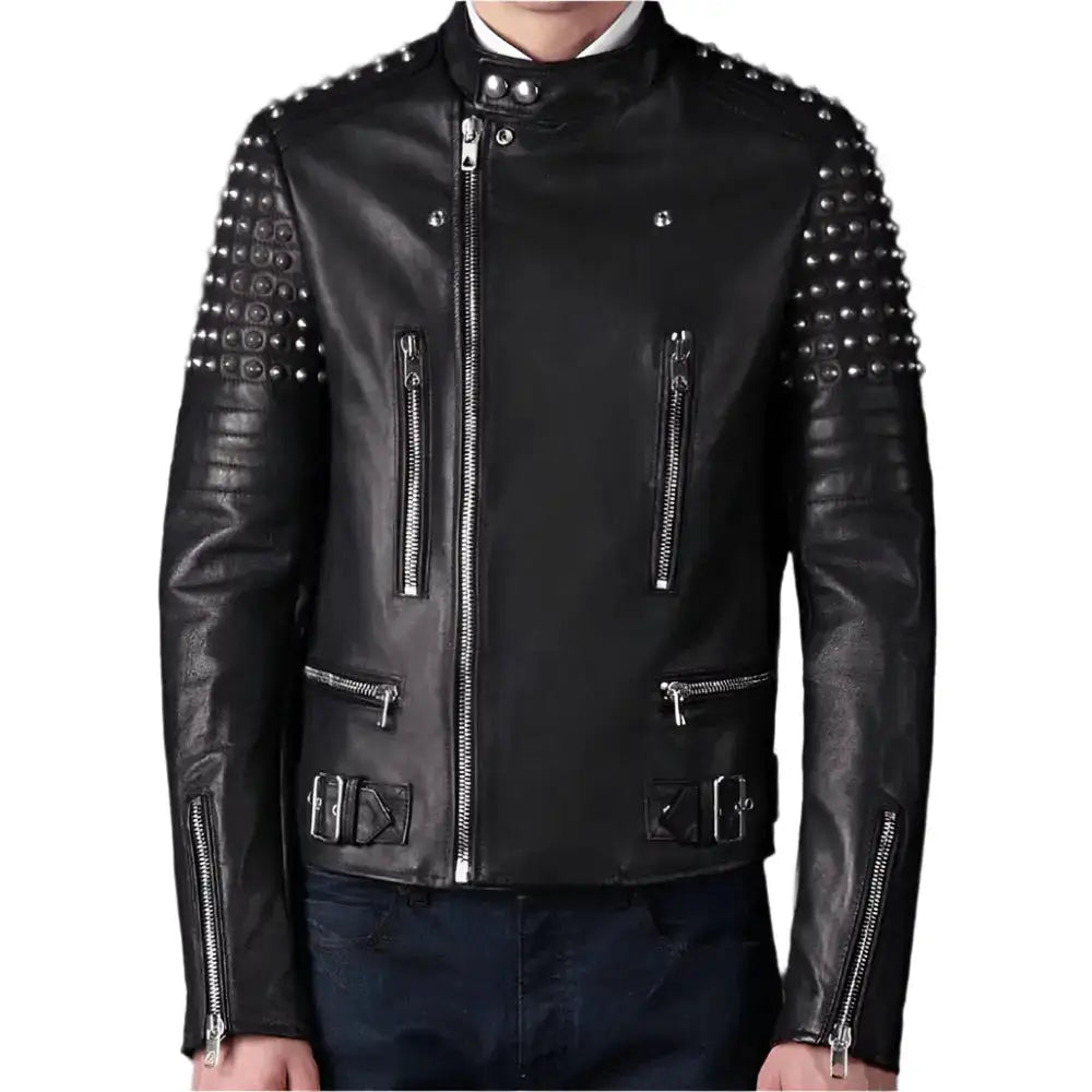 Men’s black studded leather jacket made from premium cowhide leather
