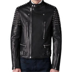 Men’s black studded leather jacket made from premium cowhide leather