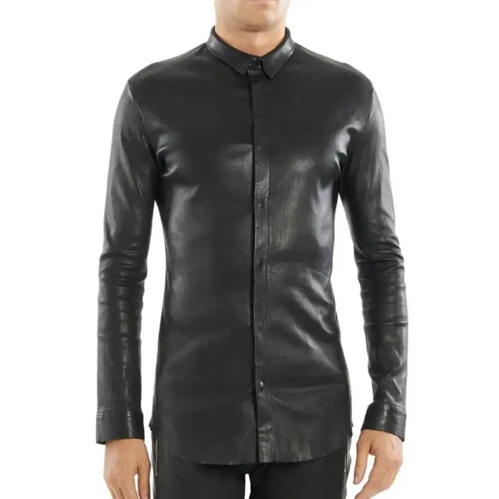 Men’s black lambskin leather tight fit shirt with long sleeves, stand collar, hidden button closure and lined interior