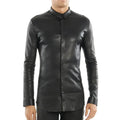 Men’s black lambskin leather tight fit shirt with long sleeves, stand collar, hidden button closure and lined interior
