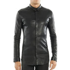 Men’s black lambskin leather tight fit shirt with long sleeves, stand collar, hidden button closure and lined interior