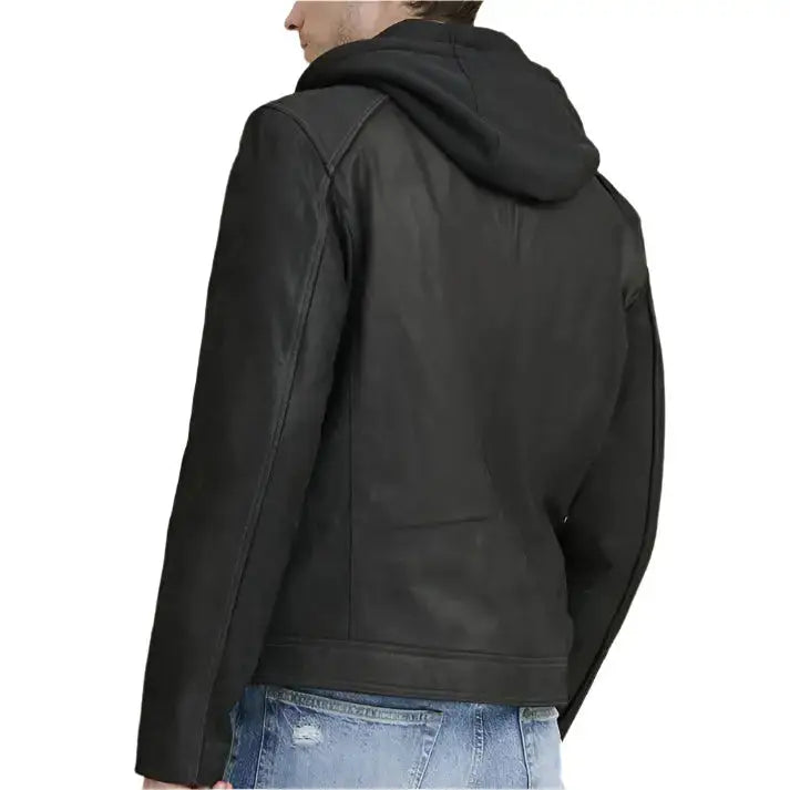 Mens Black Vintage Hooded Leather Jacket - Riders Republic UK