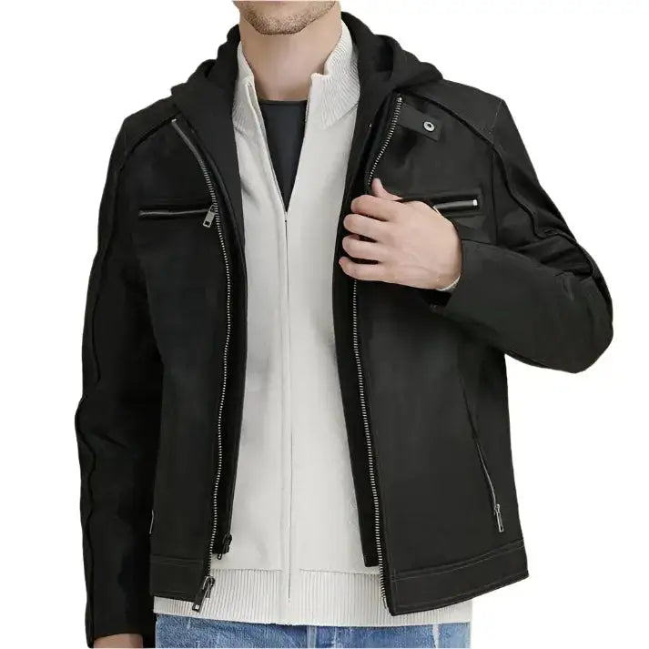 Mens Black Vintage Hooded Leather Jacket - Riders Republic UK