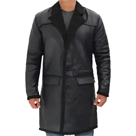 Mens Black Winter Shearling Leather Trench Coat - Riders Republic UK