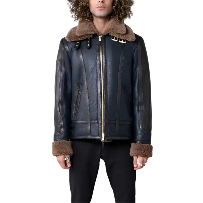 Blue Sheepskin Shearling Leather Jacket Mens - Riders Republic UK