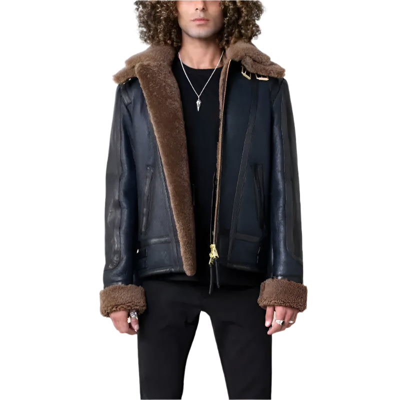 Blue Sheepskin Shearling Leather Jacket Mens - Riders Republic UK