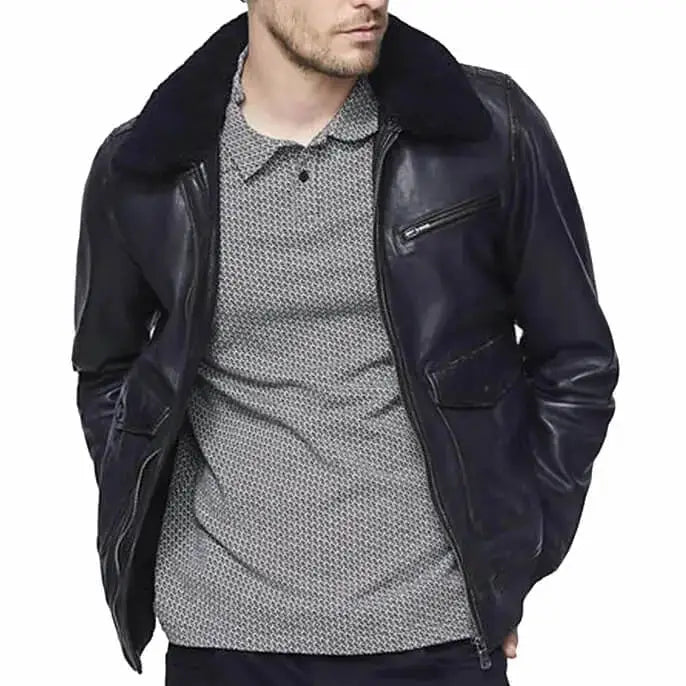 Mens Black Leather Bomber Jacket with Sherpa Collar - Riders Republic UK