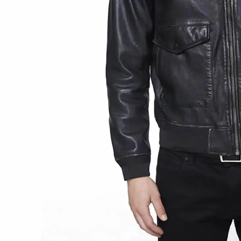 Mens Black Leather Bomber Jacket with Sherpa Collar - Riders Republic UK