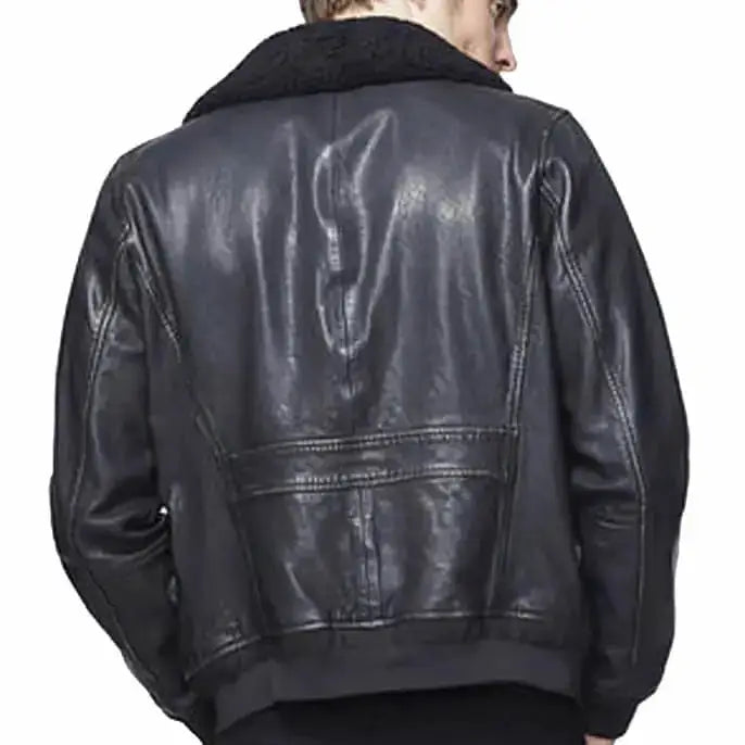 Mens Black Leather Bomber Jacket with Sherpa Collar - Riders Republic UK