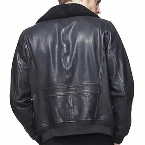Mens Black Leather Bomber Jacket with Sherpa Collar - Riders Republic UK