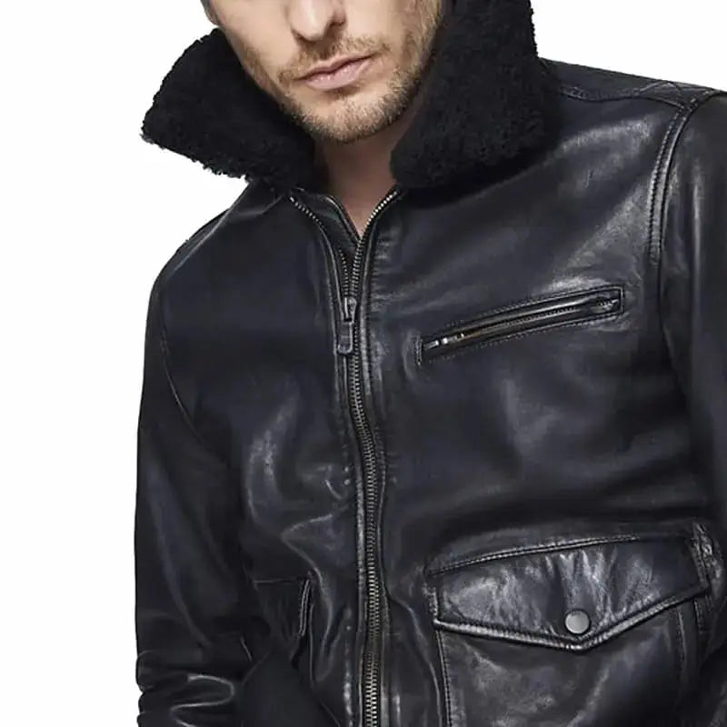 Mens Black Leather Bomber Jacket with Sherpa Collar - Riders Republic UK