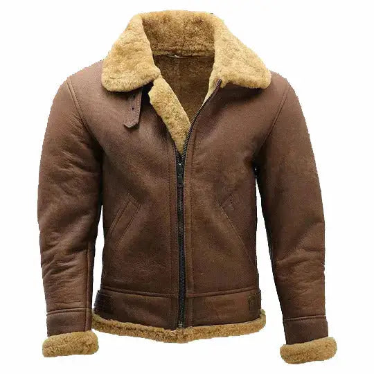 Mens Brown B3 Shearling Sheepskin Ww2 Bomber Leather Flying Aviator Jacket Coat - Riders Republic UK