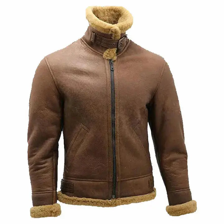 Mens Brown B3 Shearling Sheepskin Ww2 Bomber Leather Flying Aviator Jacket Coat - Riders Republic UK