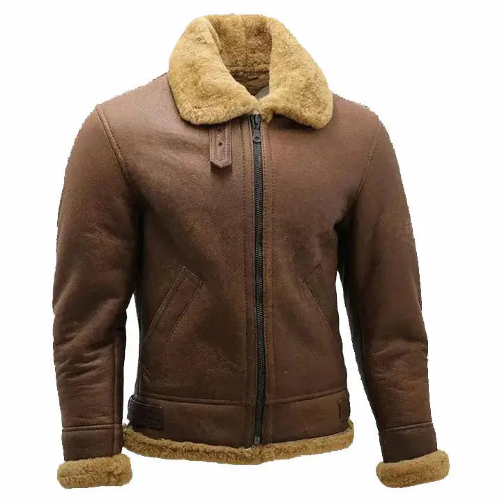 Mens Brown B3 Shearling Sheepskin Ww2 Bomber Leather Flying Aviator Jacket Coat - Riders Republic UK