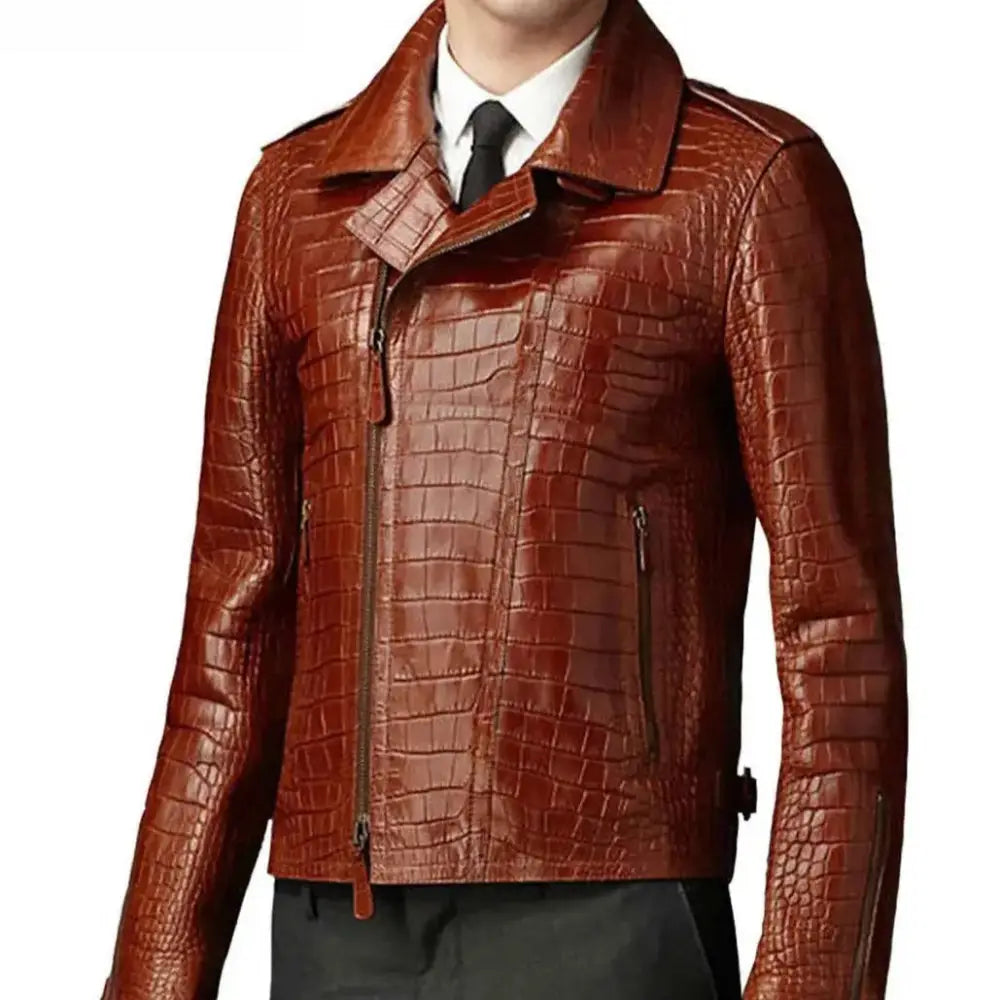 Brown Croc Alligator Leather Biker Jacket Mens - Riders Republic UK