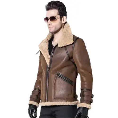 Men’s brown sheepskin flight coat with double face leather and pilot jacket shape