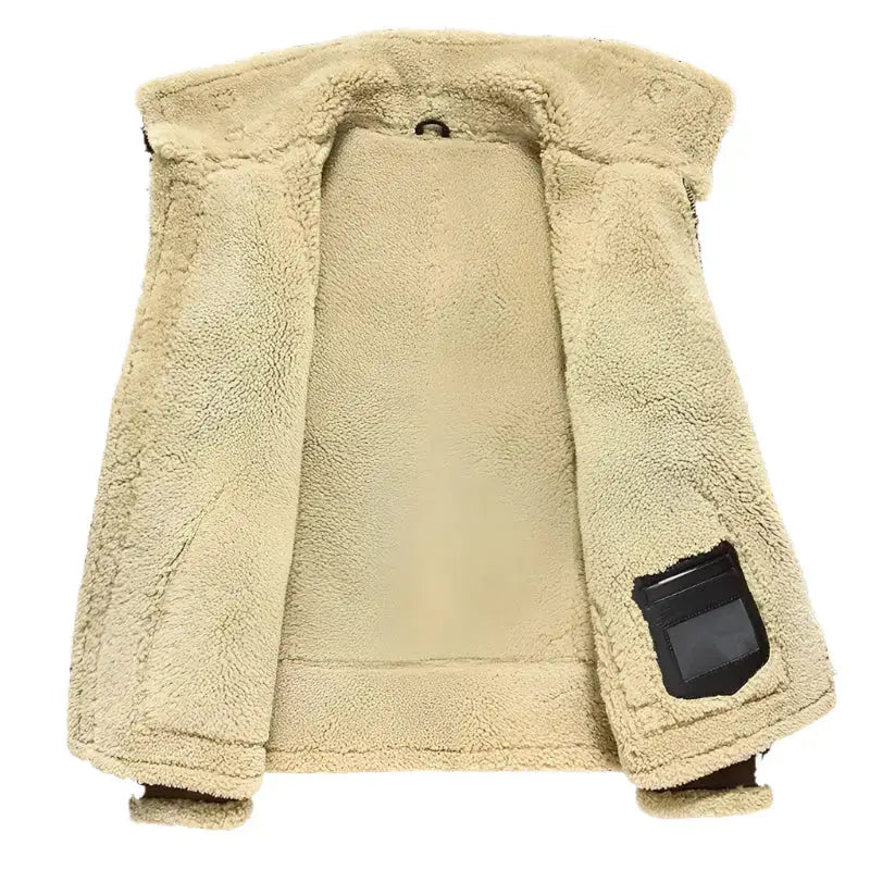Brauner Sheepskin Fliegercoat für Herren mit Double Face Leder und Pilotenjackenform