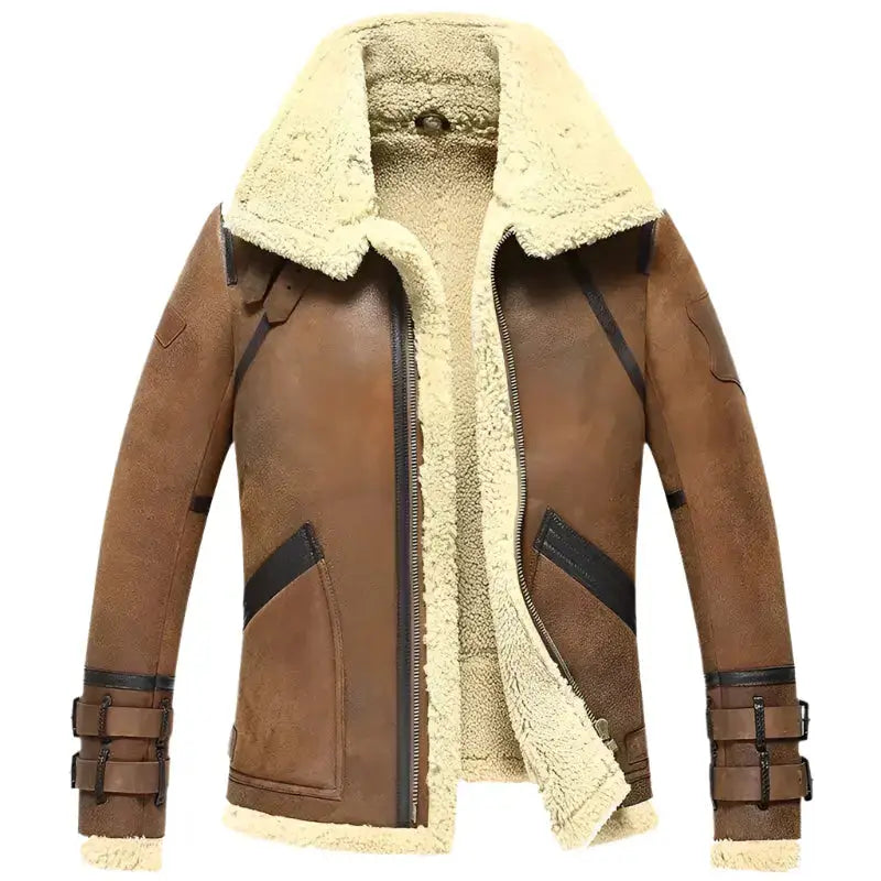 Men’s warm brown air force leather coat with sheepskin texture and vintage flight style