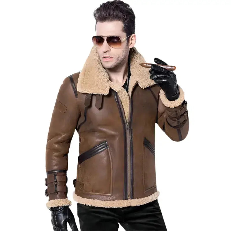 Men’s brown double face sheepskin air force flight coat with warm aviator styling