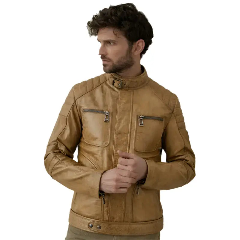 Mens Brown Leather Cafe Racer Jacket - Riders Republic UK