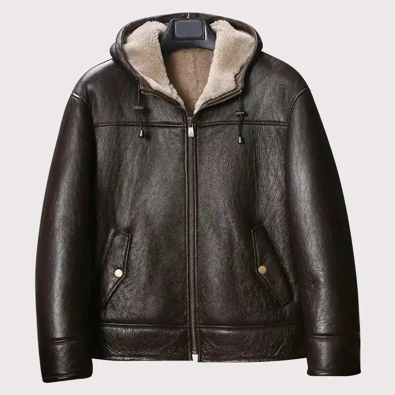 Mens Brown Shearling Hooded Biker Jacket - Riders Republic UK