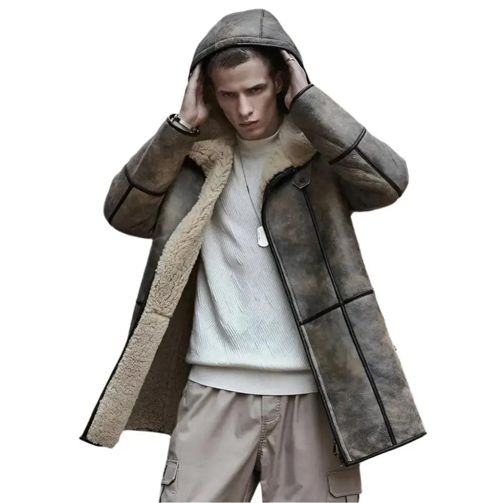 Mens Brown Hooded Shearling Bomber Jacket - Riders Republic UK