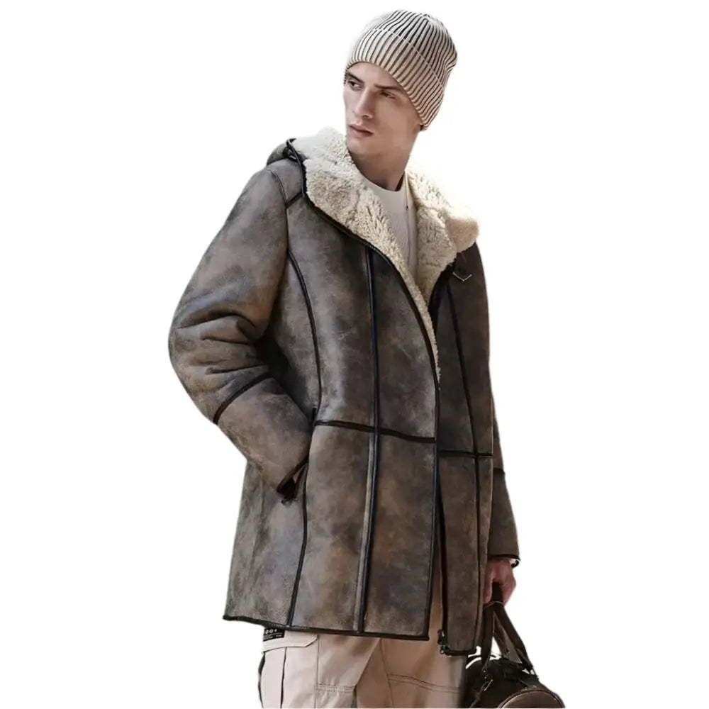 Mens Brown Hooded Shearling Bomber Jacket - Riders Republic UK