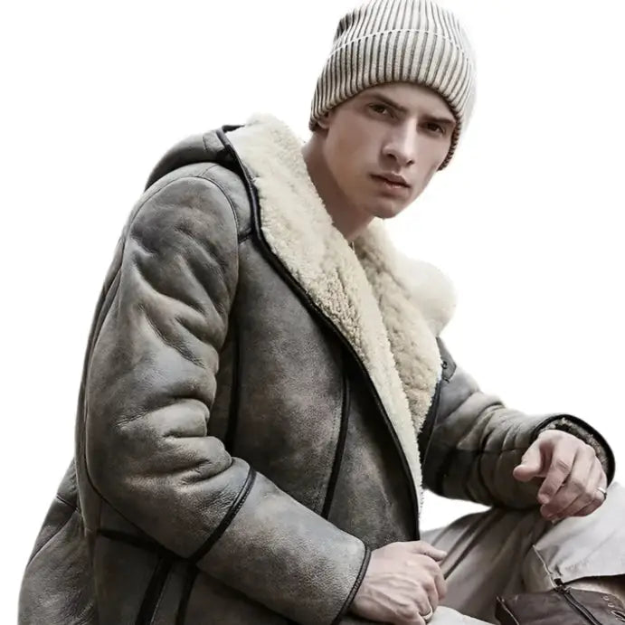 Mens Brown Hooded Shearling Bomber Jacket - Riders Republic UK