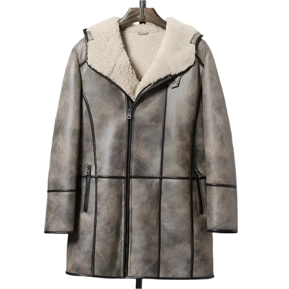 Mens Brown Hooded Shearling Bomber Jacket - Riders Republic UK