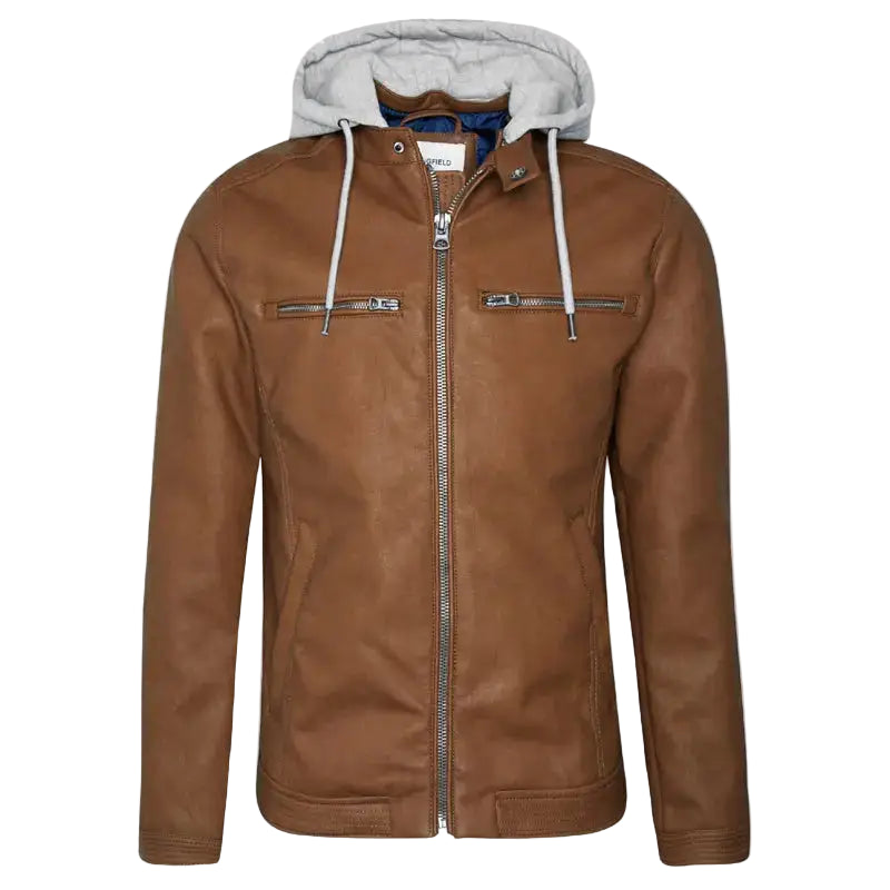 Mens Brown Hooded Biker Leather Jacket - Riders Republic UK