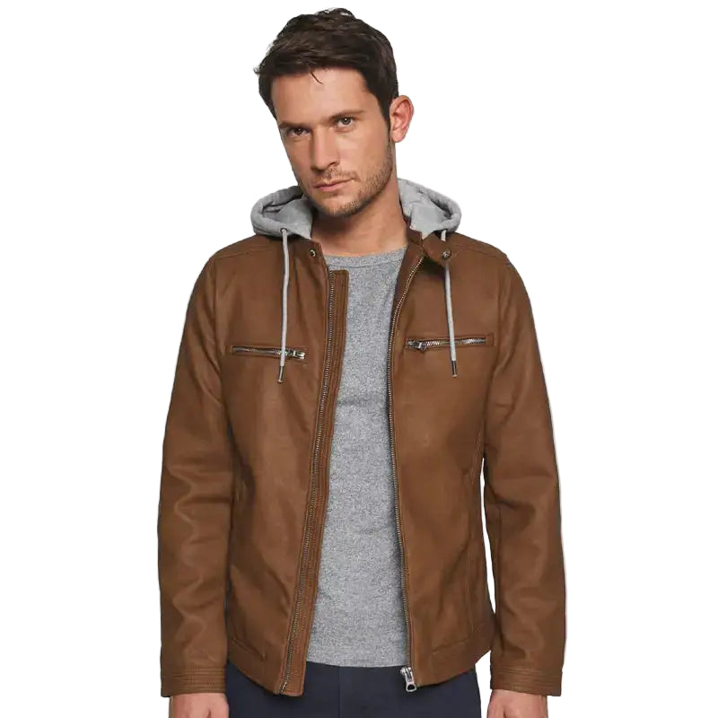 Mens Brown Hooded Biker Leather Jacket - Riders Republic UK