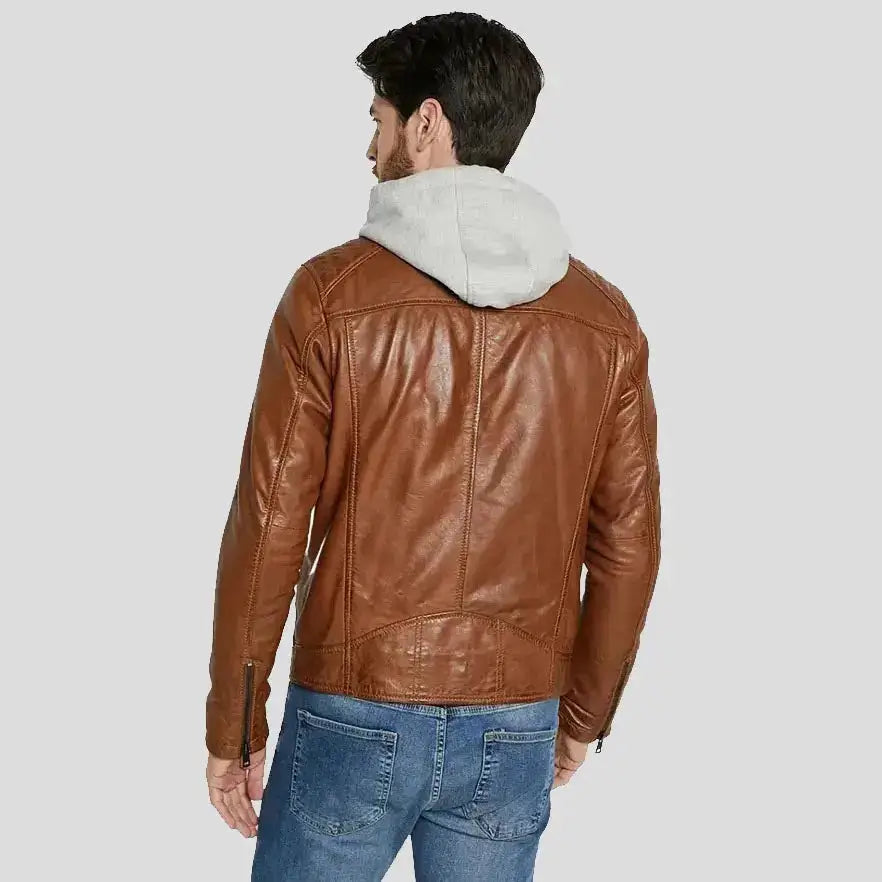 Mens Brown Lambskin Leather Hooded Jacket - Riders Republic UK