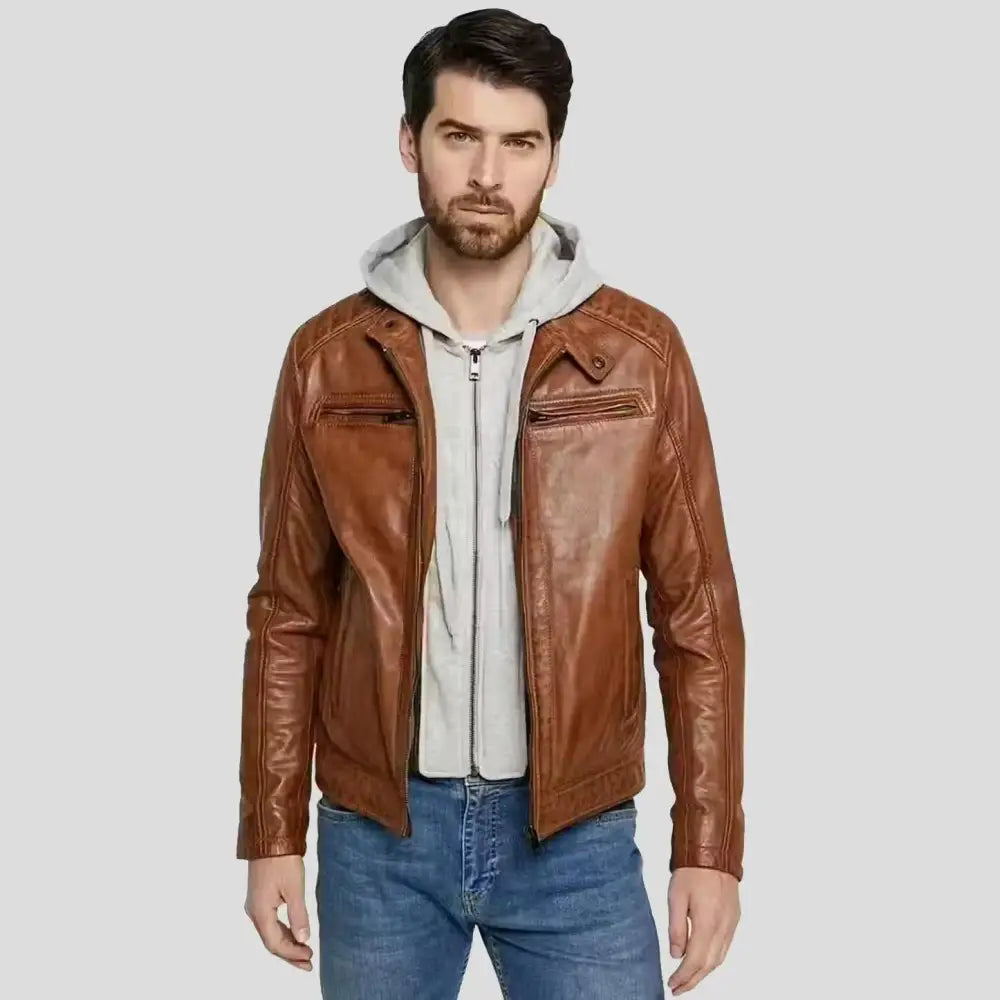 Mens Brown Lambskin Leather Hooded Jacket - Riders Republic UK