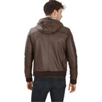 Brown leather jacket with hood for men and casual biker styling