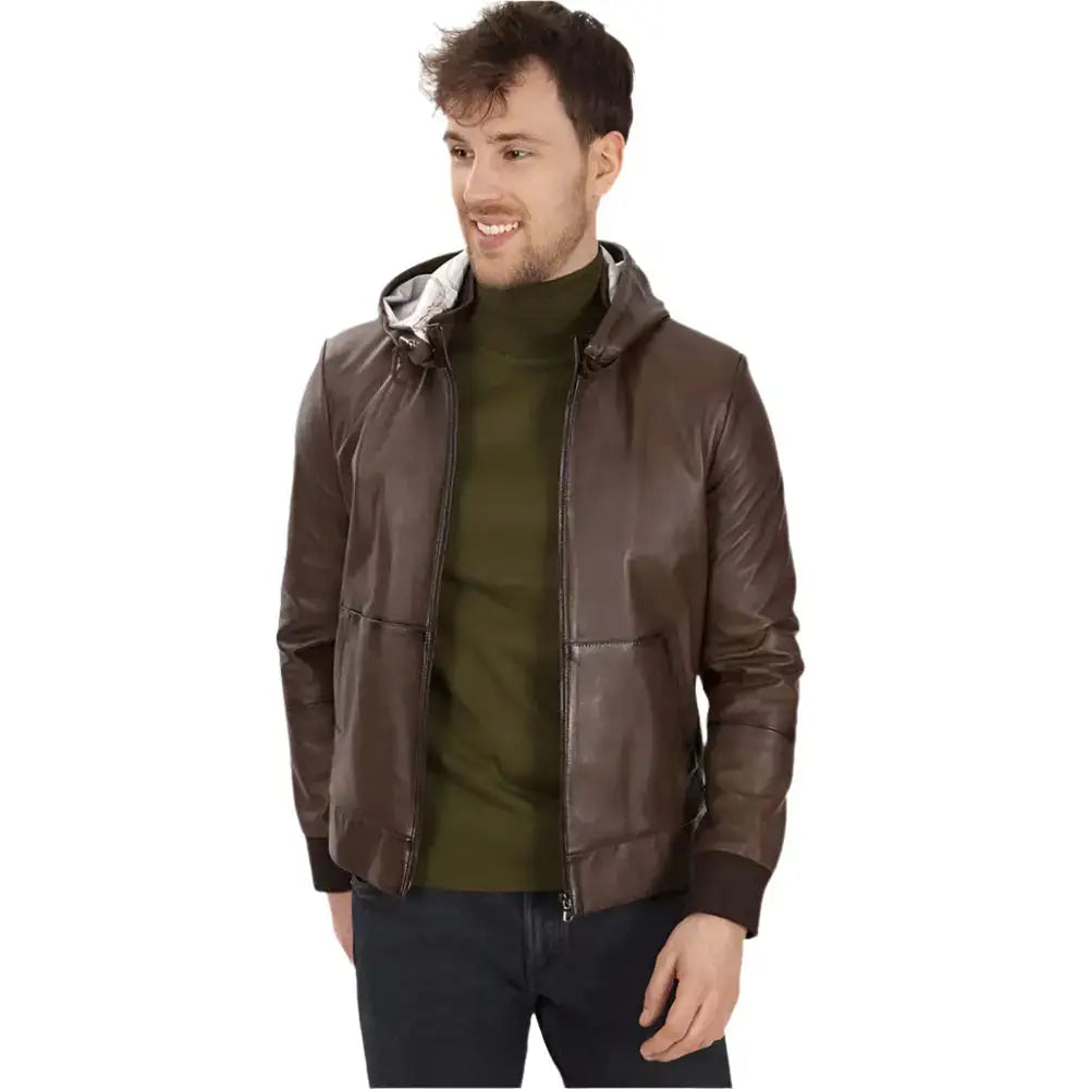 Mens Brown Hooded Leather Jacket - Riders Republic UK