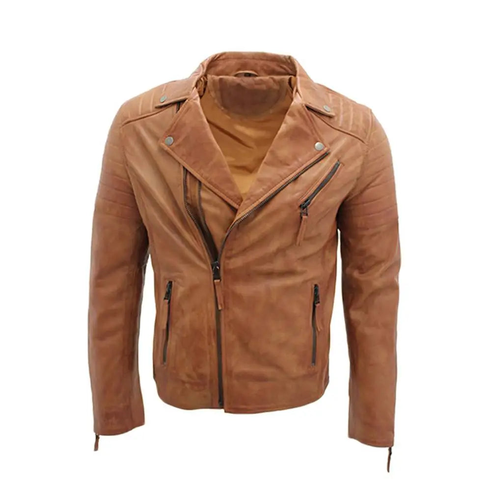 Mens Brown Lapel Leather Motorcycle Jacket - Riders Republic UK