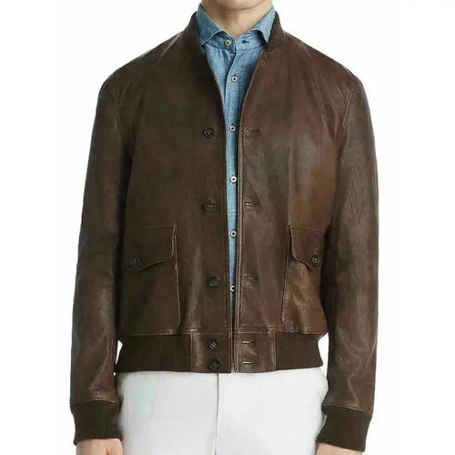 Mens Brown Leather Baseball Bomber Jacket - Riders Republic UK