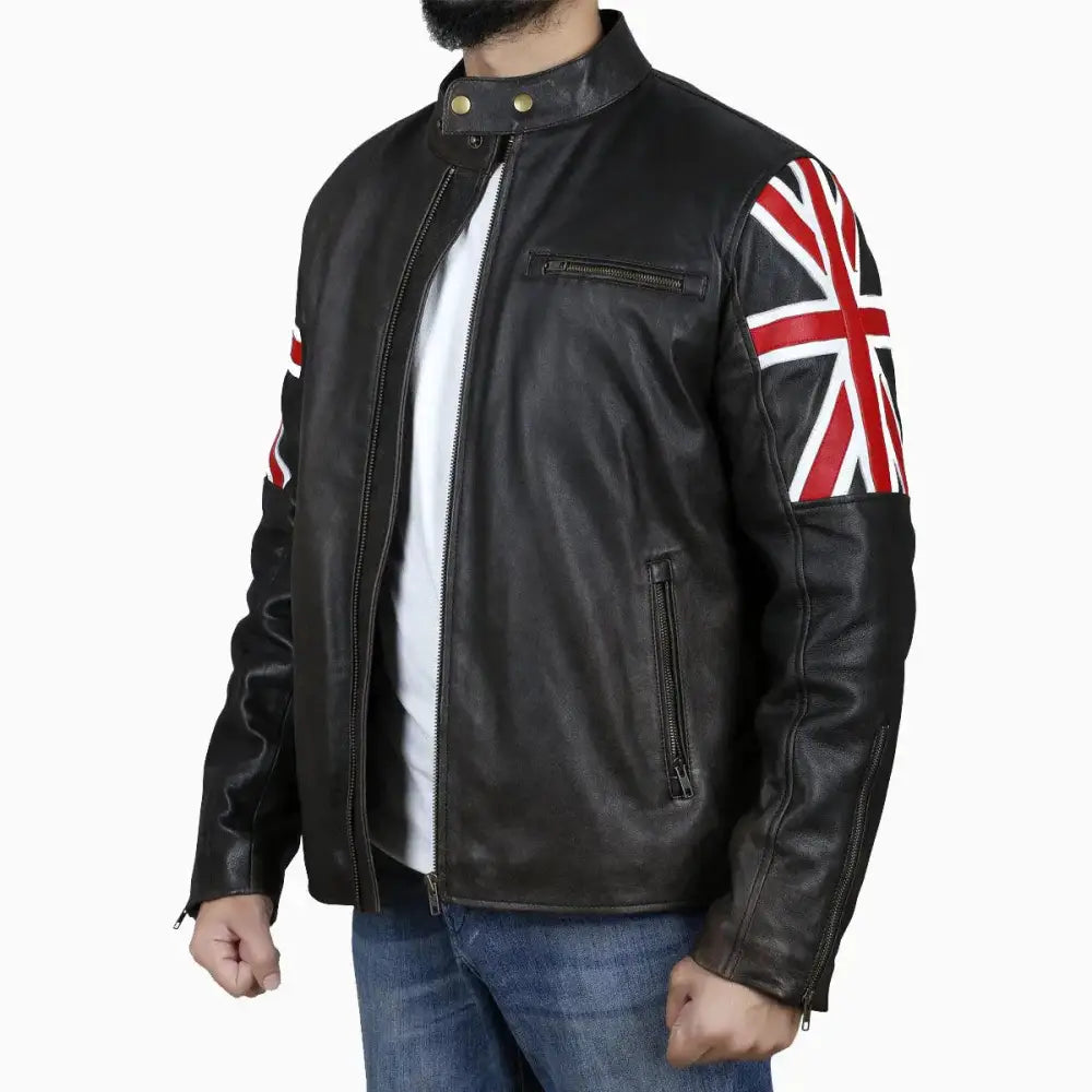 Mens Brown Leather Jacket with UK Flag Appliqué - Riders Republic UK