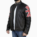 Mens Brown Leather Jacket with UK Flag Appliqué - Riders Republic UK