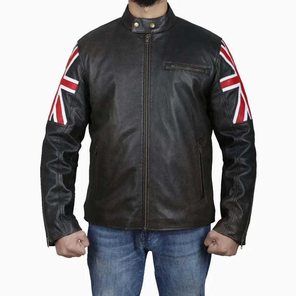 Mens Brown Leather Jacket with UK Flag Appliqué - Riders Republic UK