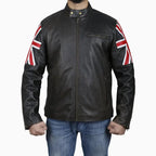 Mens Brown Leather Jacket with UK Flag Appliqué - Riders Republic UK