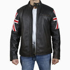 Mens Brown Leather Jacket with UK Flag Appliqué - Riders Republic UK