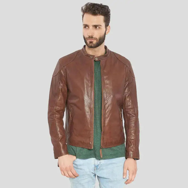 Mens Brown Buffalo Leather Biker Jacket - Riders Republic UK