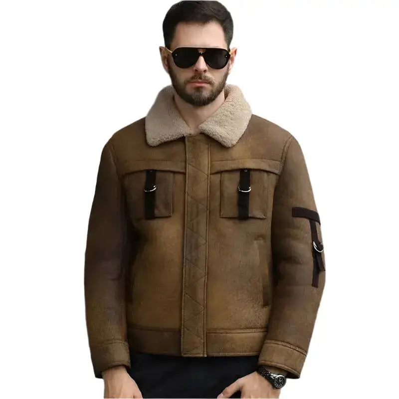 Mens Brown Shearling B3 Bomber Jacket - Riders Republic UK