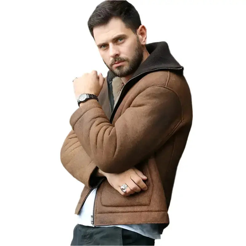 Mens Brown Shearling Lapel Sheepskin Jacket - Riders Republic UK