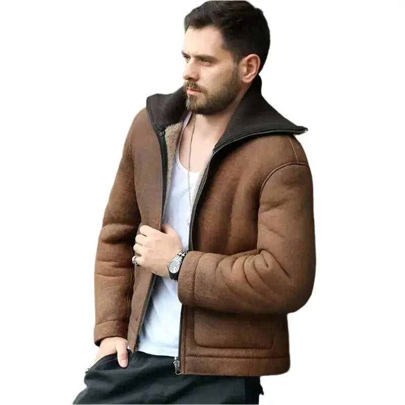 Mens Brown Shearling Lapel Sheepskin Jacket - Riders Republic UK