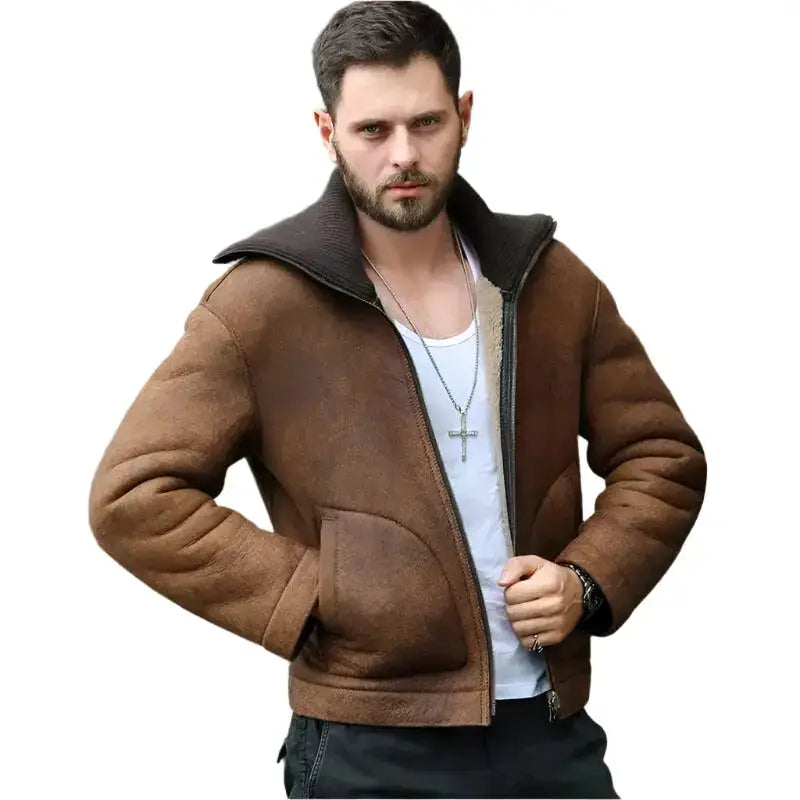 Mens Brown Shearling Lapel Sheepskin Jacket - Riders Republic UK